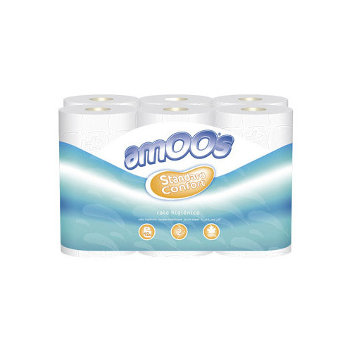 Papel higiénico doméstico amoos standard confort 100% celulosa virgen, 2 capas, color blanco.