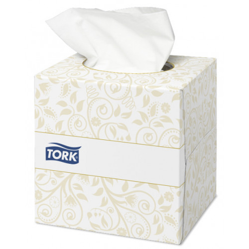 Pañuelo facial de papel tork premium extra soft, 2 capas, 200x209 mm. cubo dispensador de 100 uds.