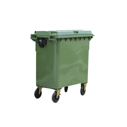 Contenedor de plástico con tapa y ruedas dahi de 136x77x126,9 cm. 800 litros. color verde.