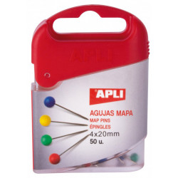 Agujas de mapa con cabeza de plástico apli, 4x20 mm. colores surtidos, caja de 50 uds.