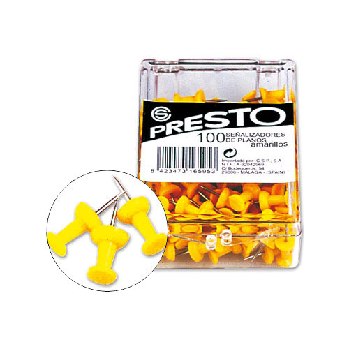 Aguja de señalizar con cabeza de plástico q-connect presto color amarillo, caja de 100 uds.