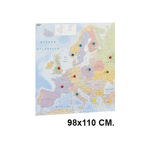 Mapa de europa con la superficie plastificada, presentado enrollado en tubo de cartón faibo de 98x110 cm.