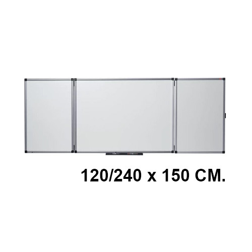 Pizarra tríptica magnética de acero vitrificado blanco con marco de aluminio nobo classic, 120/240 x150 cm.