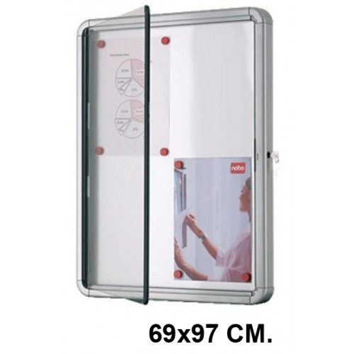 Vitrina de anuncios con fondo metálico blanco y marco de aluminio nobo premium plus, 69x97 cm.