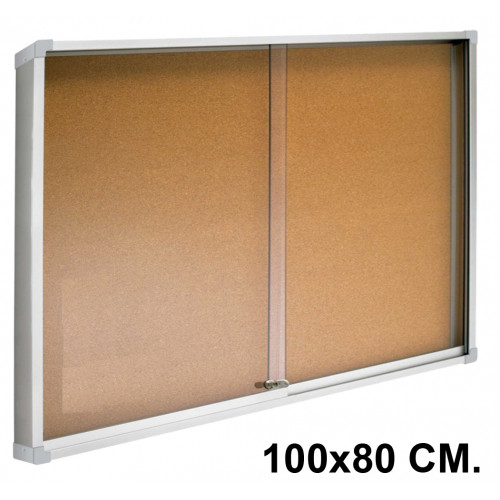 Vitrina de anuncios con fondo de corcho natural y marco de aluminio q-connect en formato 100x80 cm.