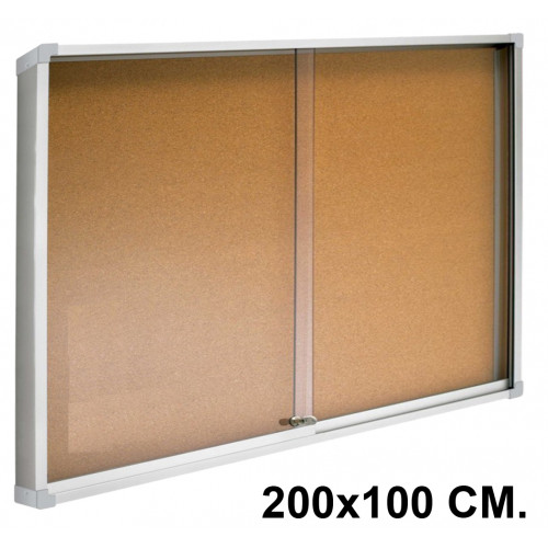 Vitrina de anuncios con fondo de corcho natural y marco de aluminio q-connect en formato 200x100 cm.