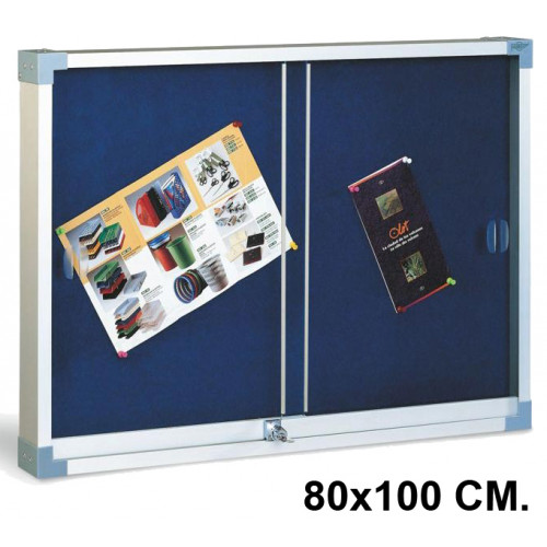Vitrina de anuncios con fondo de corcho tapizado y marco de aluminio faibo de 80x100 cm. azul
