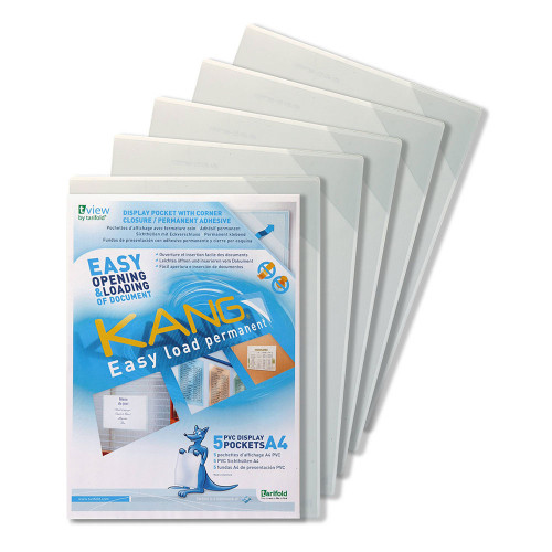 Funda con adhesivo permanente y cierre de esquina tarifold kang easy load en formato din a-4, pack de 5 uds.