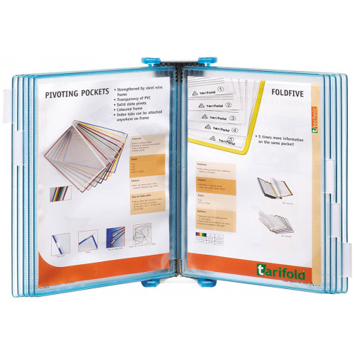 Clasificador de pared metálico con 10 fundas en polipropileno tarifold candy line en formato din a-4, color turquesa.
