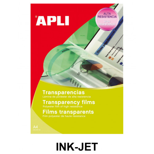 Transparencia en poliéster apta para impresoras inkjet apli, din a4, caja de 100 uds.