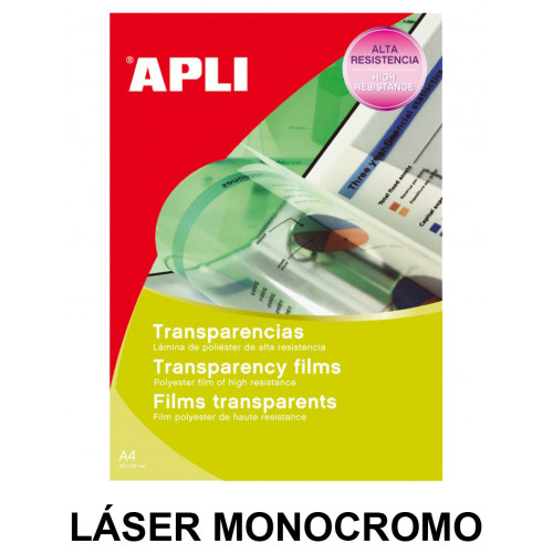 Transparencia en poliéster apta para impresoras láser monocromo apli, din a4, caja de 100 uds.
