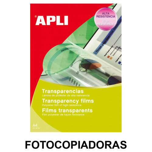Transparencia en poliéster apta para fotocopiadoras apli, din a4, caja de 100 uds.