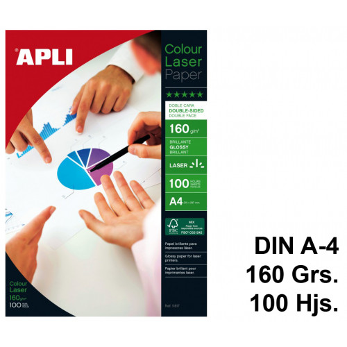 Papel láser apli colour glossy double-sided en formato din a-4 de 160 grs/m². caja de 100 hojas.