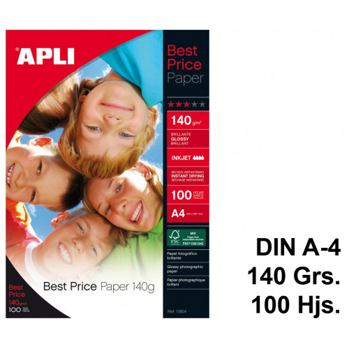 Papel inkjet apli photo best price glossy, din a4, 140 grs/m². bolsa de 100 hojas