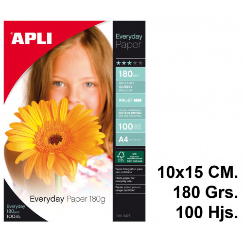 Papel inkjet apli everyday glossy, 10x15 cm. 180 grs/m². bolsa de 100 hojas