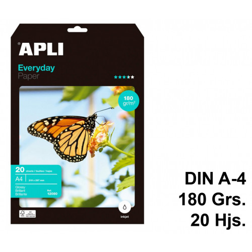 Papel inkjet apli everyday glossy, din a4, 180 grs/m². carpeta de 20 hojas