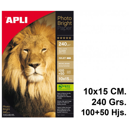 Papel ink-jet apli photobright en formato 10x15 cm. de 240 grs/m². caja de 100+50 hojas.