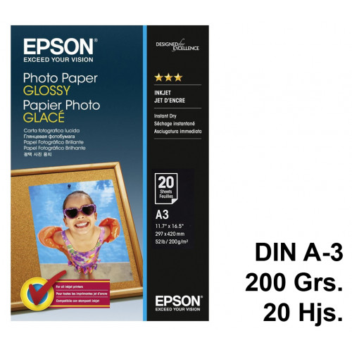 Papel ink-jet epson photo paper glossy en formato din a-3 de 200 grs/m². caja de 20 hojas.