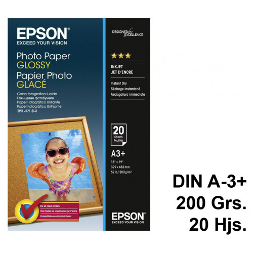 Papel ink-jet epson photo paper glossy en formato din a-3+ de 200 grs/m². caja de 20 hojas.