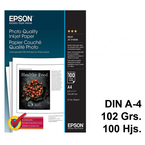 Papel ink-jet epson photo quality en formato din a-4 de 102 grs/m². caja de 100 hojas.