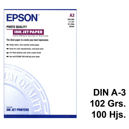Papel ink-jet epson photo quality en formato din a-3 de 102 grs/m². caja de 100 hojas.