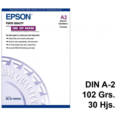 Papel ink-jet epson photo quality en formato din a-2 de 102 grs/m². caja de 30 hojas.
