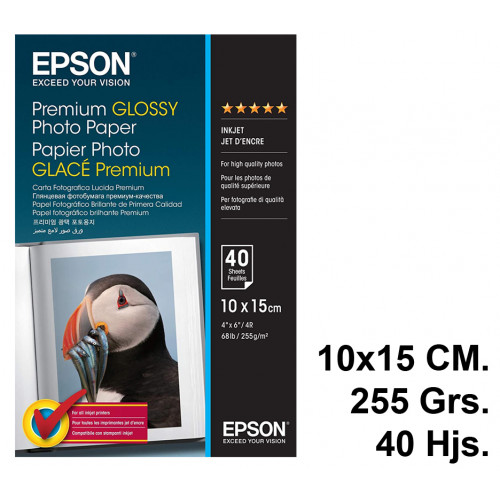 Papel ink-jet epson premium glossy photo paper en formato 10x15 cm. de 255 grs/m². caja de 40 hojas.