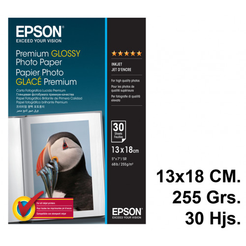 Papel ink-jet epson premium glossy photo paper en formato 13x18 cm. de 255 grs/m². caja de 30 hojas.