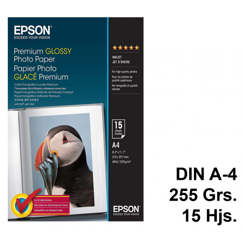 Papel ink-jet epson premium glossy photo paper en formato din a-4 de 255 grs/m². caja de 15 hojas.