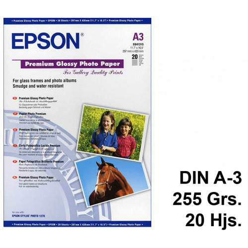 Papel ink-jet epson premium glossy photo paper en formato din a-3 de 255 grs/m². caja de 20 hojas.
