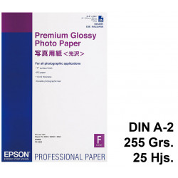 Papel ink-jet epson premium glossy photo paper en formato din a-2 de 255 grs/m². caja de 25 hojas.