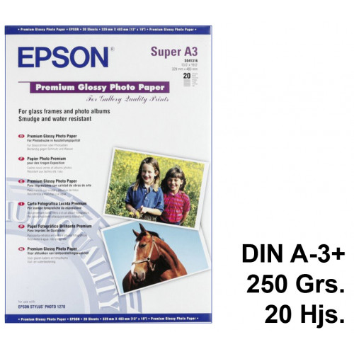 Papel ink-jet epson premium glossy photo paper en formato din a-3+ de 250 grs/m². caja de 20 hojas.
