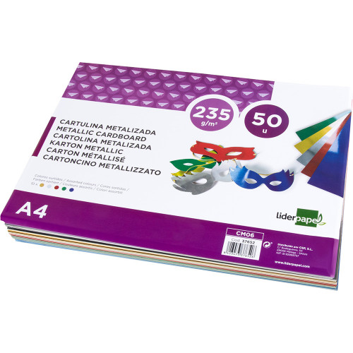 Cartulina metalizada liderpapel en formato din a-4 de 235 grs/m². 5 colores surtidos, paquete de 50 uds.