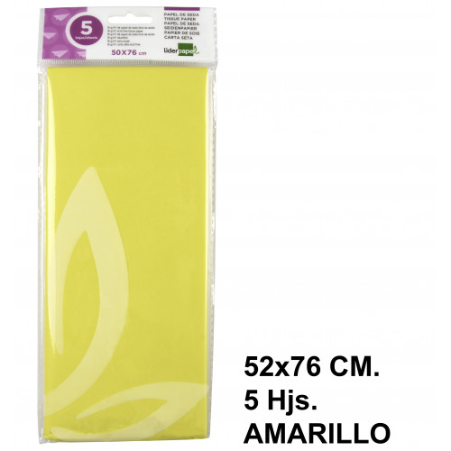 Papel seda liderpapel, 52x76 cm. 18 grs/m². amarillo, bolsa de 5 hojas