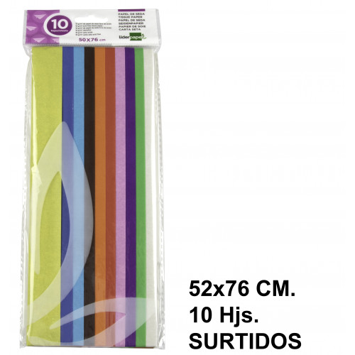 Papel seda liderpapel, 52x76 cm. 18 grs/m². colores surtidos, bolsa de 10 hojas