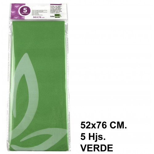 Papel seda liderpapel, 52x76 cm. 18 grs/m². verde, bolsa de 5 hojas