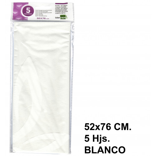 Papel seda liderpapel, 52x76 cm. 18 grs/m². blanco, bolsa de 5 hojas