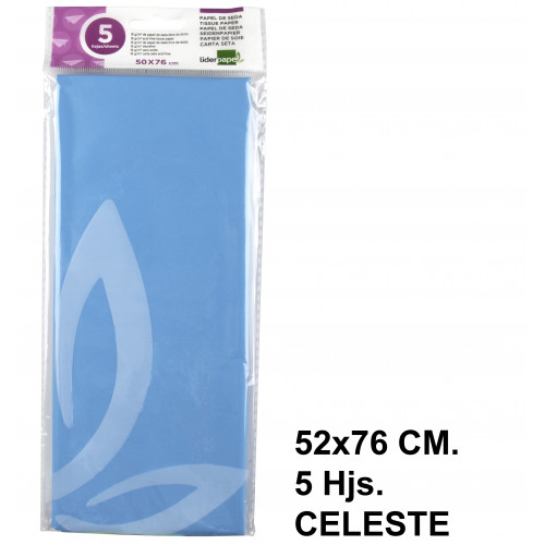 Papel seda liderpapel en formato 52x76 cm. de 18 grs/m². color celeste, bolsa de 5 hojas.