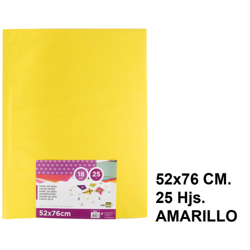 Papel seda liderpapel, 52x76 cm. 18 grs/m². amarillo, paquete de 25 hojas