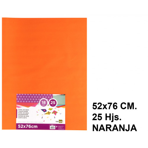 Papel seda liderpapel en formato 52x76 cm. de 18 grs/m². color naranja, paquete de 25 hojas.