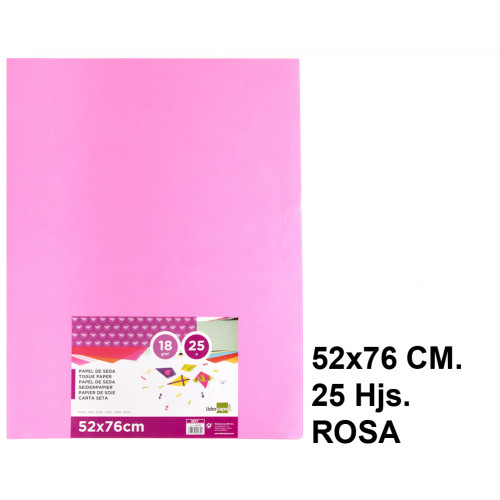 Papel seda liderpapel en formato 52x76 cm. de 18 grs/m². color rosa, paquete de 25 hojas.