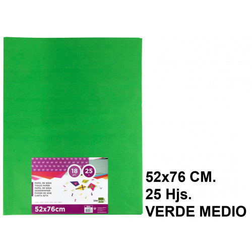 Papel seda liderpapel en formato 52x76 cm. de 18 grs/m². color verde medio, paquete de 25 hojas.