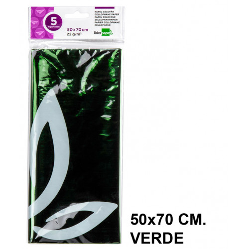 Papel celofán liderpapel en formato 50x70 cm. de 22 grs/m². color verde, bolsa de 5 hojas.