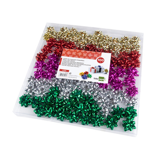 Lazo de fantasía adhesivo liderpapel, 4 cm. colores surtidos metalizados, caja de 100 uds.