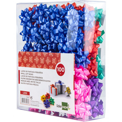 Lazo de fantasía adhesivo liderpapel en formato de 4 cm. colores surtidos pastel, caja de 100 uds.
