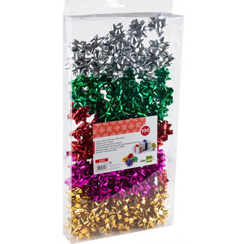 Lazos fantasía Liderpapel adhesivos para regalo en colores surtidos metálizados, caja de 100 unidades.