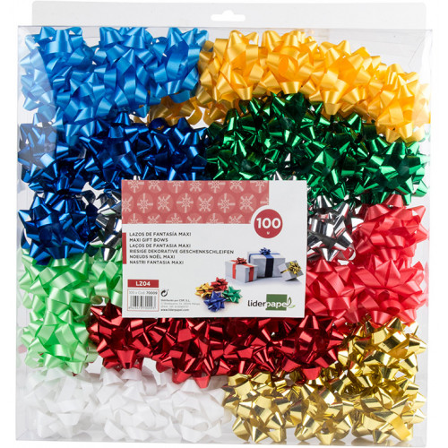 Lazo de fantasía adhesivo liderpapel, 6,5 cm. colores surtidos metalizados, caja de 100 uds.