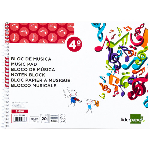 Bloc espiral de música liderpapel, 4º apaisado, 5 pentagramas de 4 mm. 100 grs/m². 20 hj.