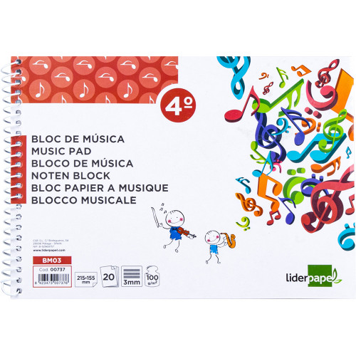 Bloc espiral de música liderpapel, 4º apaisado, 6 pentagramas de 3 mm. 100 grs/m². 20 hj.