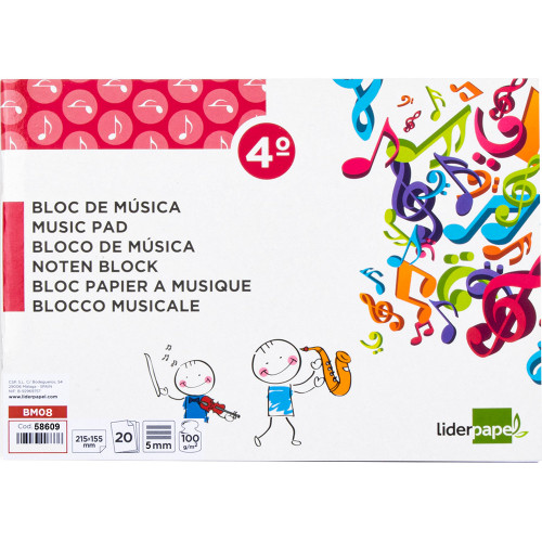 Bloc grapado de música liderpapel, 4º apaisado, 4 pentagramas de 5 mm. 100 grs/m². 20 hj.
